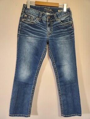 Silver Jeans Suki Capri W29 Thick Stitch Y2K Denim Distressed Crop Jeans